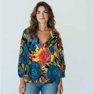 Chico's Blouse Women's Size XL‎ Floral Tropical Linen Chicos 3